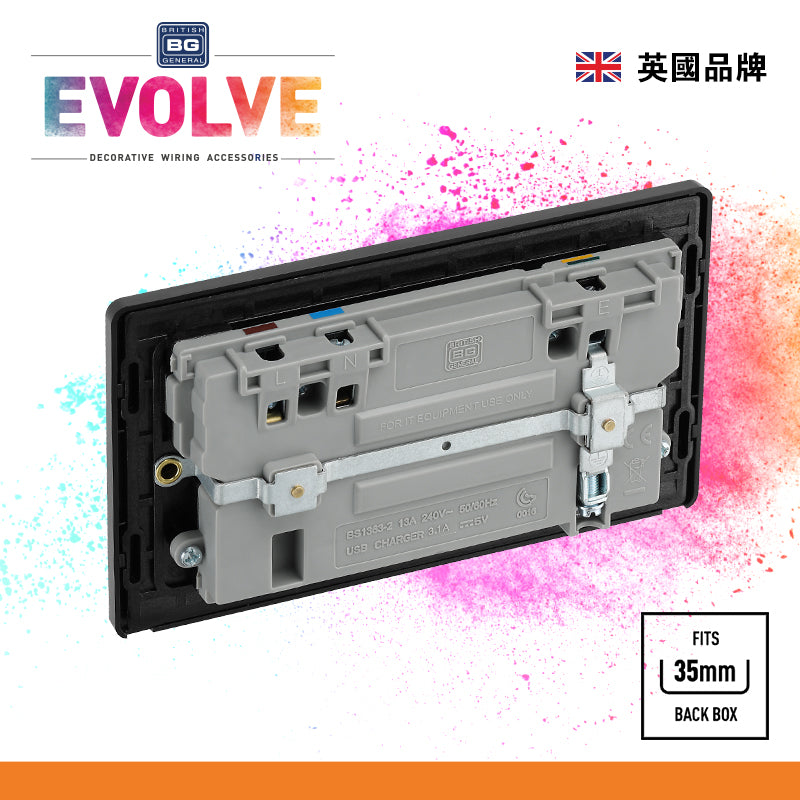 英國  BRITISH GENERAL EVOLVE 系列雙位 13A 連 USB 拉絲鋼黑色開關插座