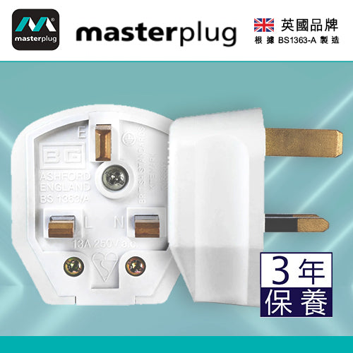 英國 Masterplug 重型英式三腳插頭 13A保險絲 可重新接電線 白色 7W