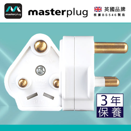 英國 Masterplug 15A保險絲 英式三腳圓插 可重新接電線 白色