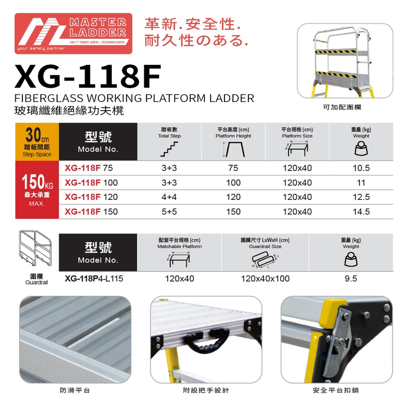 功夫櫈 玻璃纖維 絕緣 承重高達 150KG 加強支撐底座桿  MASTER LADDER XG-118F 功夫櫈