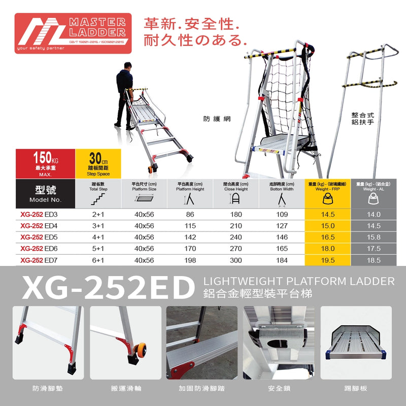 安全梯 3～7 級 承重高達150kg  輕裝型 鋁合金 平台梯 MASTER LADDER XG-252ED