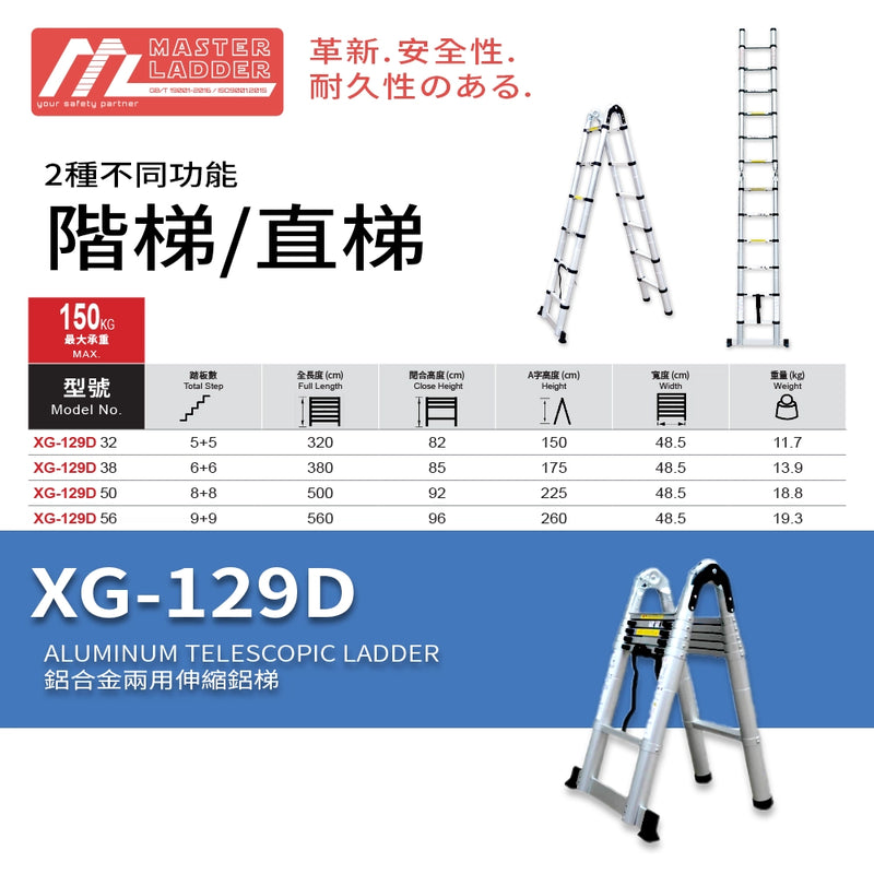 安全梯 1 梯 2 用 承重高達 150KG  鋁合金兩用 伸縮鋁梯 MASTER LADDER XG-129D