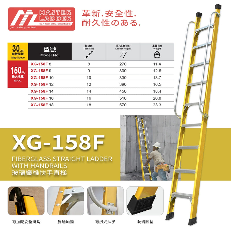 安全梯 8～18 級 承重高達 150KG  絕緣 玻璃纖維 扶手直梯 MASTER LADDER XG-158F