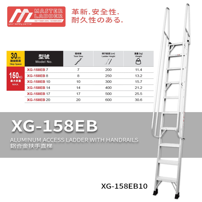 安全梯 7～20 級 承重高達 150KG  鋁合金 扶手 直梯 MASTER LADDER XG-158EB