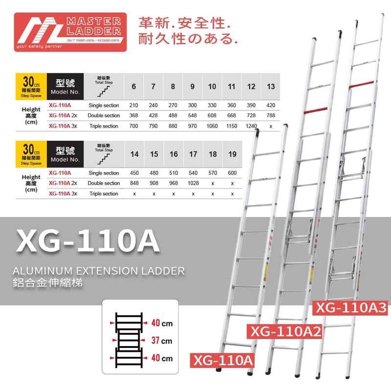 安全梯 6～19級 鋁合金伸縮梯 MASTER LADDER XG-110A