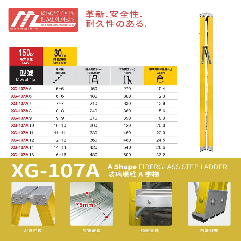 A字 安全梯 5～16 級 承重高達150kg  絕緣 重裝 玻璃纖維 安全梯 MASTER LADDER XG-107A