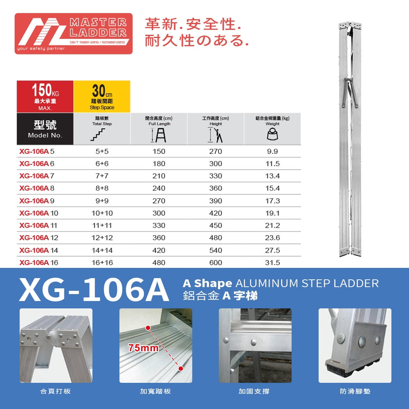 A字 安全梯 5～20 級 承重高達150kg  鋁合金 安全梯 MASTER LADDER XG-106A