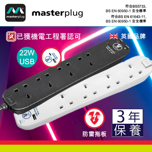 防雷拖板 13A 連 2xUSB 22W 2米線長 英國 Masterplug  防雷拖板