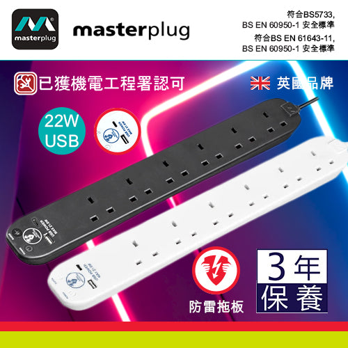 防雷拖板 13A 連 2xUSB 22W 2米線長 英國 Masterplug  防雷拖板