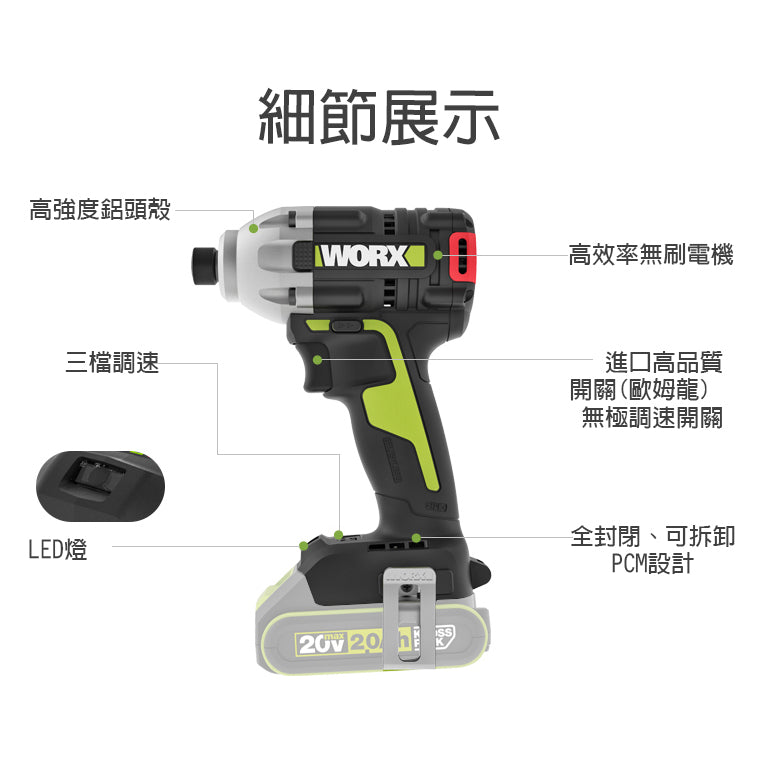 衝擊 起子機 20V 充電式 鋰電 無刷電機 3速 控制 WORX 威克士 WU290D